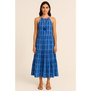 OLIPHANT 100% Cotton Long Tiered Tassel Dress Size Small Bermuda Blue Maxi